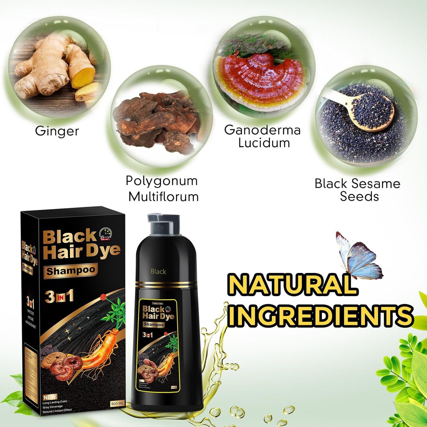 Sminktec Hair Dye Shampoo 3 in 1 for Gray Hair, Herbal Ingredients Natural Shampoo Hair Dye for Women Men (Black) Beauty and Personal Care Sminktec