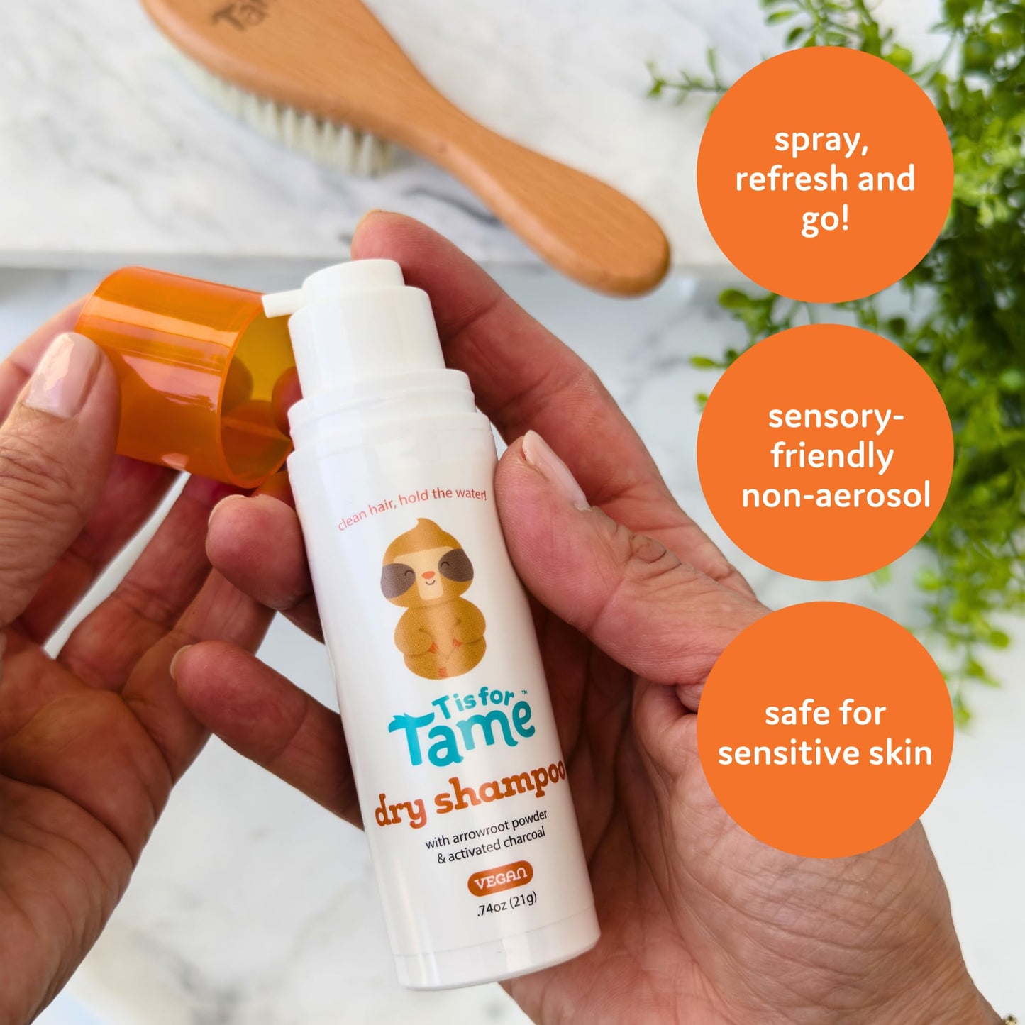 T is for Tame - Powder Puff Dry Shampoo for Babies & Kids - Gentle Hair Formula with Arrowroot Powder & Activated Charcoal, Mess-Free Application