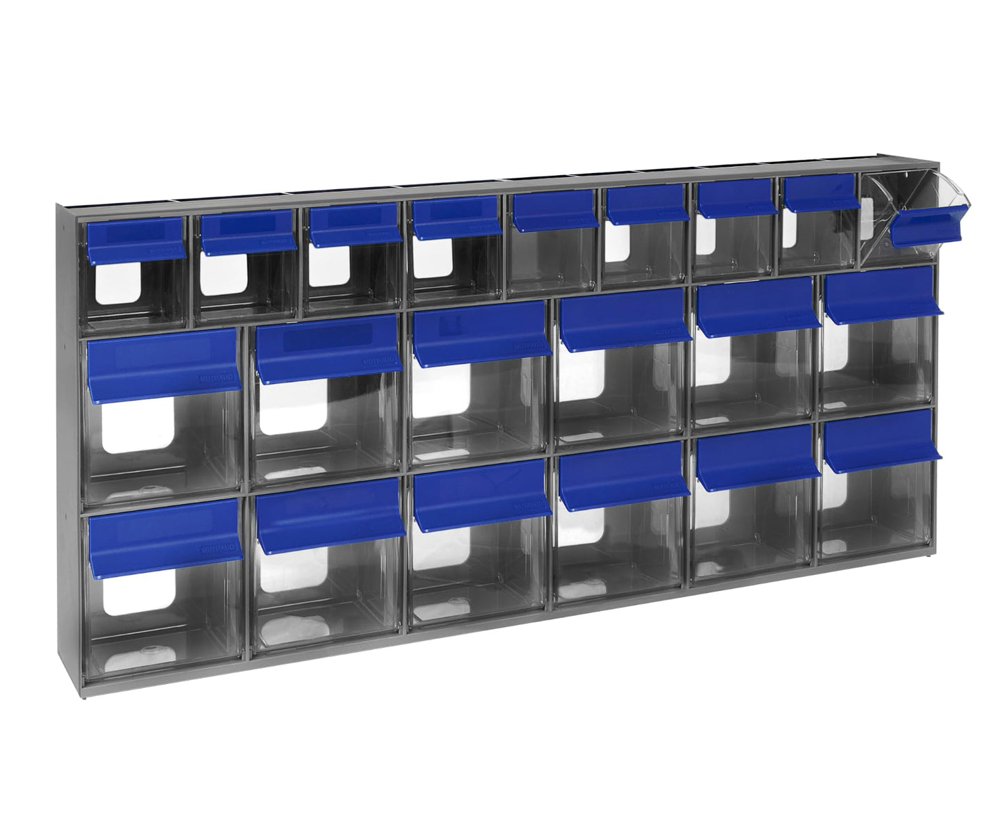 Quantum Storage Systems QTB669 Tip Out Bin Storage System with 21 Clear Cup Containers, 3-5/8" x 23-5/8" x 11-1/6", Gray