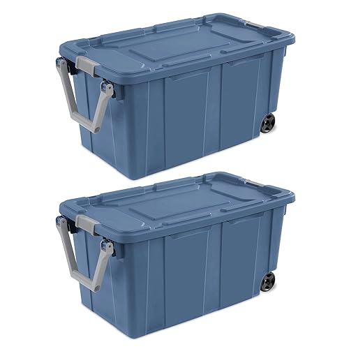 Ouyniei Heavy-Duty Wheeled Storage Totes, Blue Industrial Container with Latching Lid, 40 Gallon Capacity, 36.75x21.38x18 Inches, 2 Pack
