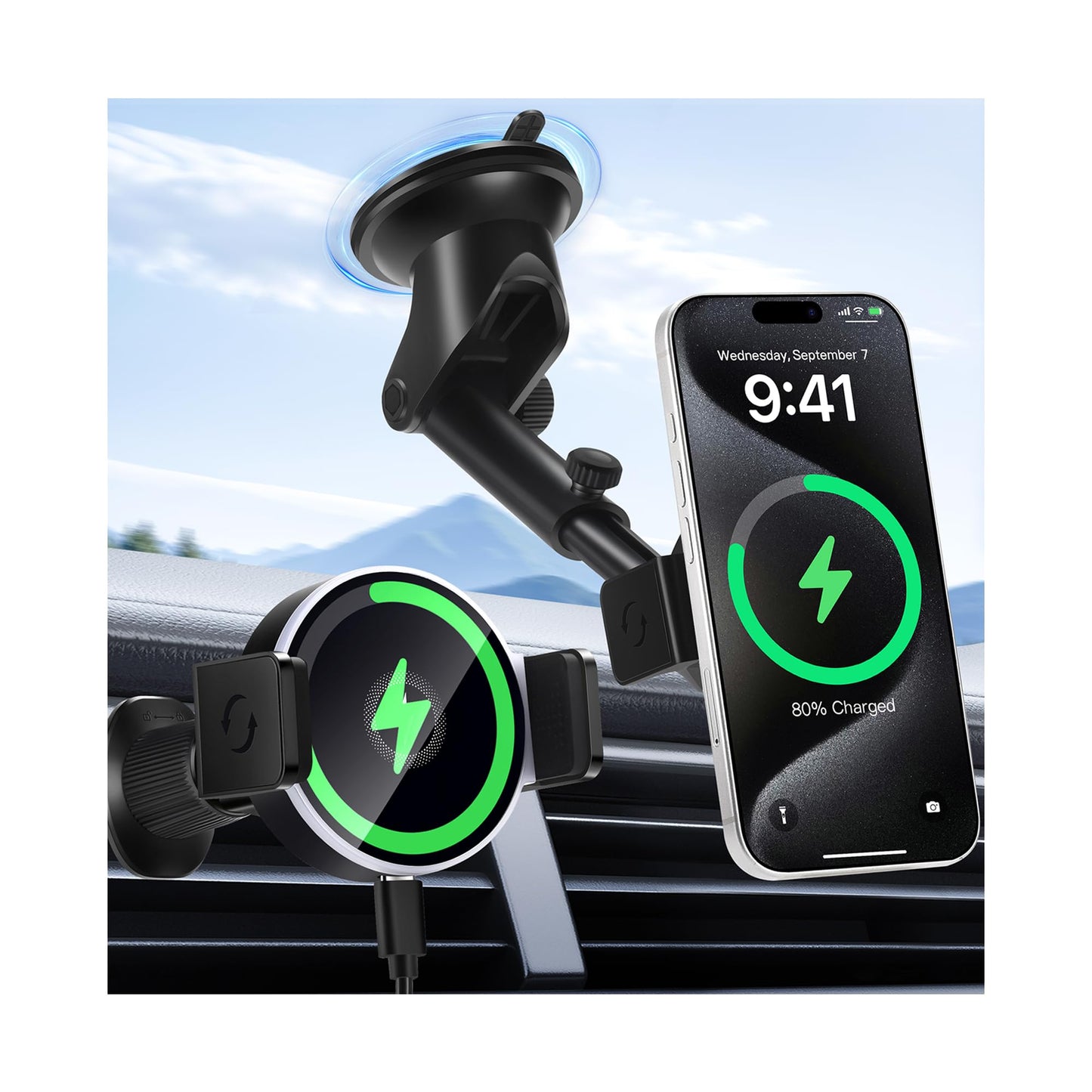 Wireless Car Charger, 15W Fast Car Mount Charger for iPhone 17/16/15/14/13/12/11/10/9/8 Series & Samsung, Auto-Clamping Magnetic Car Phone Holder…