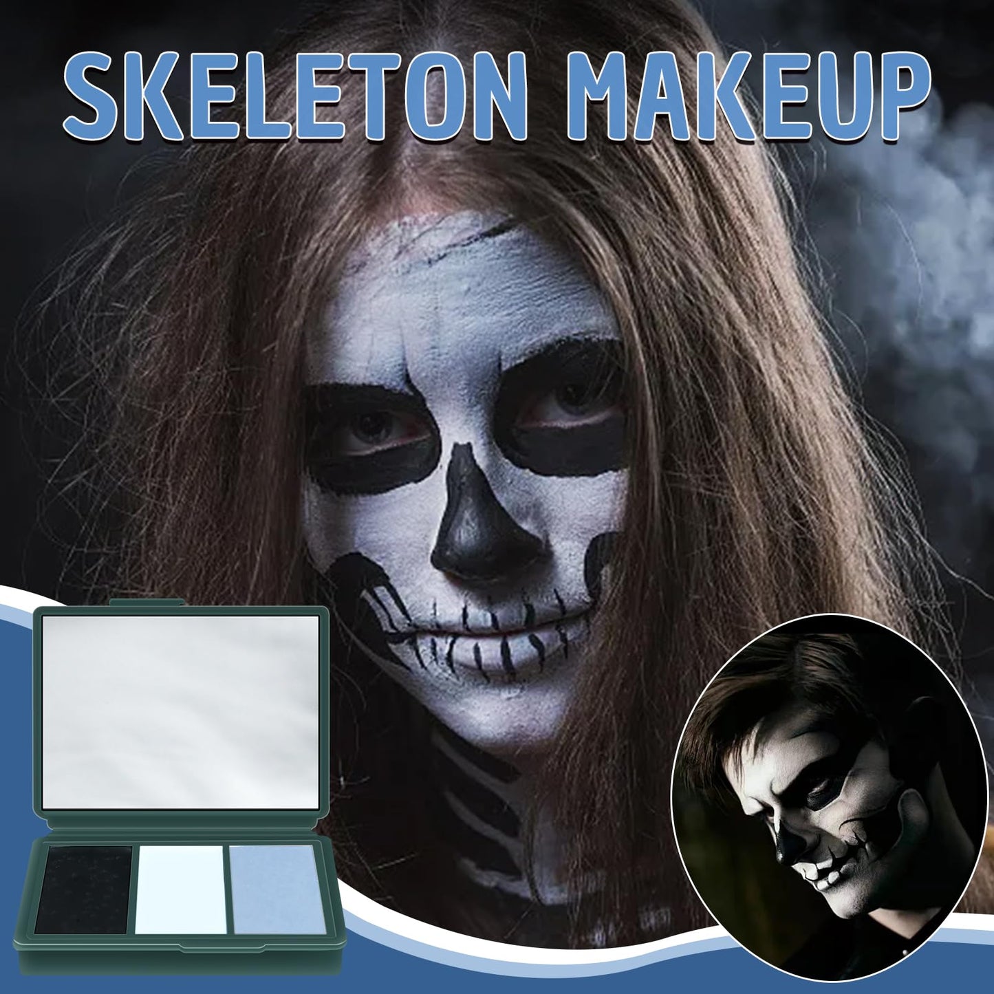 Halloween Skeleton Makeup, Complete Skeleton/Skull Makeup Kit Face Paint SFX Character Set With 1 Brush&3 Sponges, for Clown, Art Cosplay Party