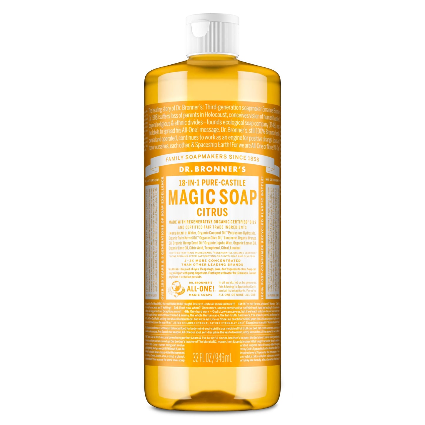 Dr. Bronner's Pure-Castile Magic Soap Liquid (Citrus, 32 Ounce - Made with Regenerative Organic Certified Oils, 18-in-1 Uses: Face, Body, Hair
