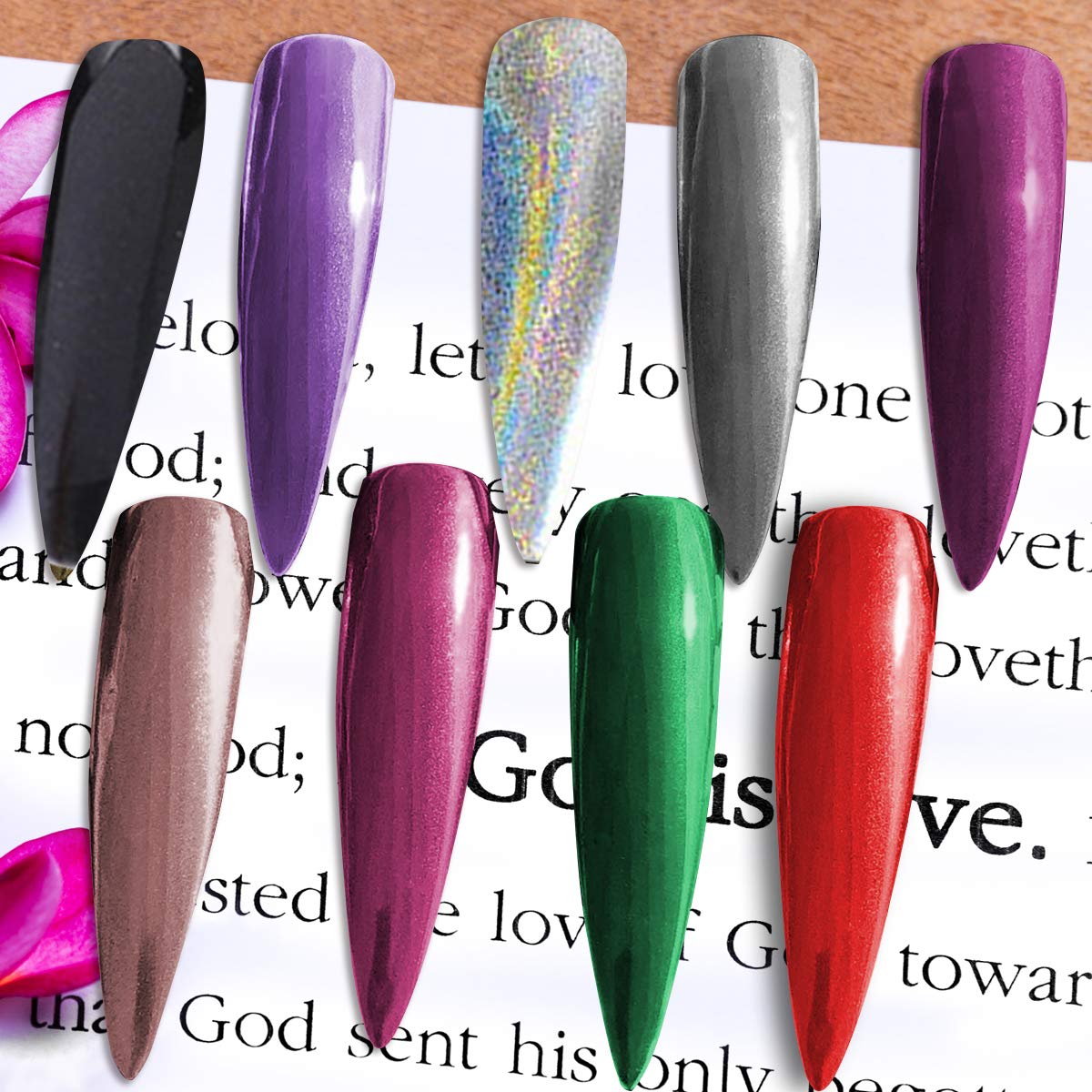 Duufin 14 Jars Chrome Nail Powder Metallic Nail Art Powder Mirror Effect Manicure Chrome Powder 14 Colors Nail Powders with 14 Pcs Eyeshadow Sticks