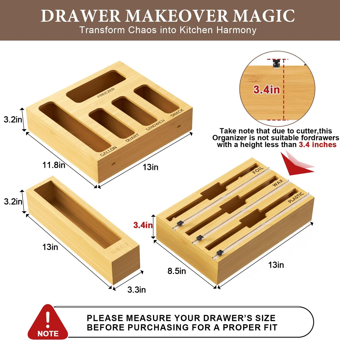 NIKUY 9 IN 1 Bamboo Foil and Plastic Wrap Organizer for Kitchen Drawer, Plastic Bag Organizer Organization and Storage, Food Storage Bag Organizer…