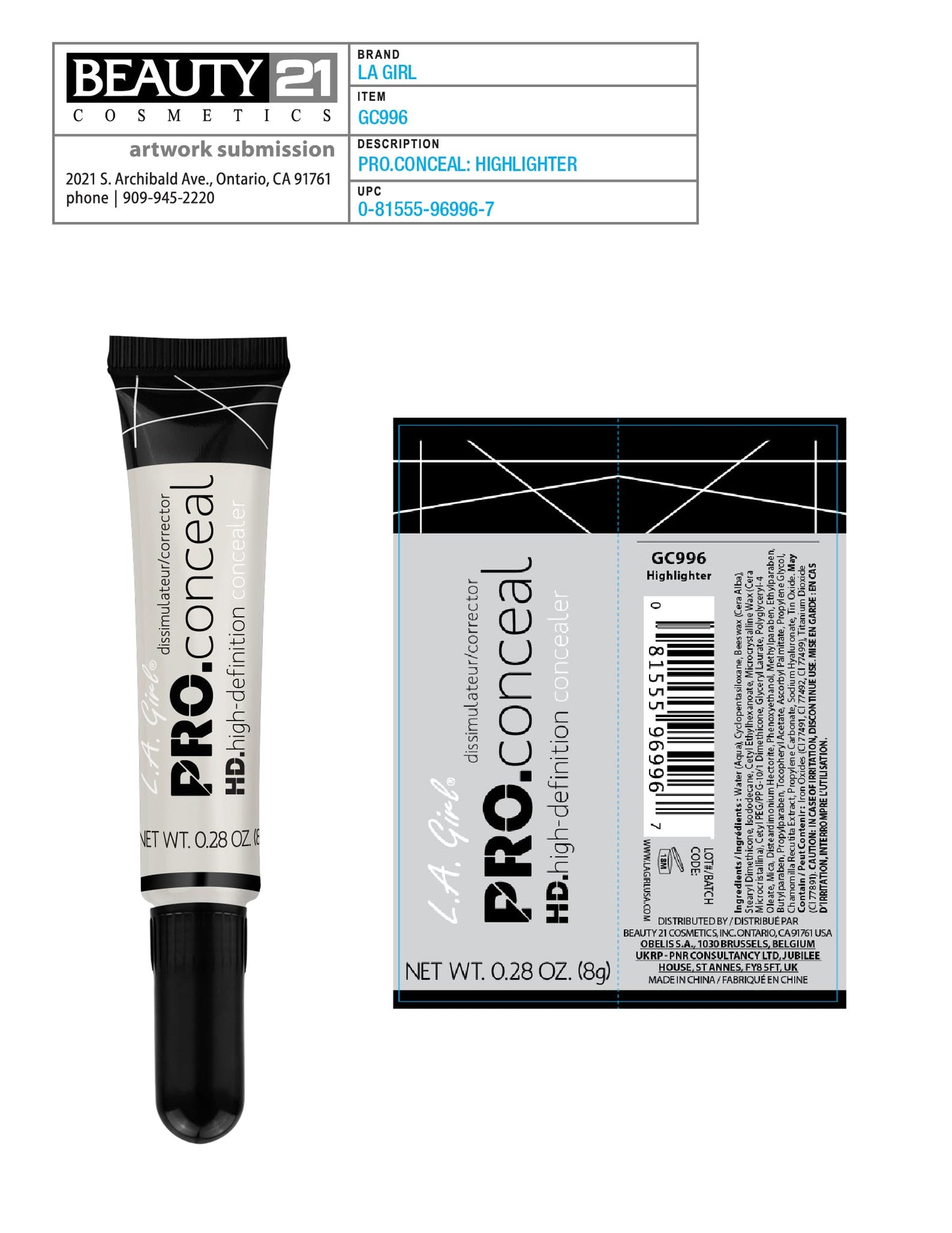 LA Girl Pro Coneal HD. High Definiton Concealer 0.28 oz GC996 Highlighter (1 pc Highlighter)