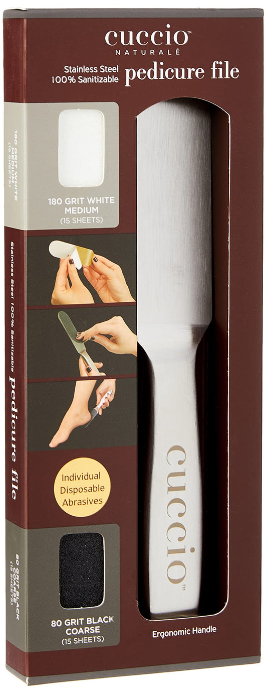 Cuccio Naturale Reusable Stainless Steel Pedicure File Kit - Includes 15 Black 80 Grit and 15 White 180 Grit Disposable Abrasive Refills - 100%