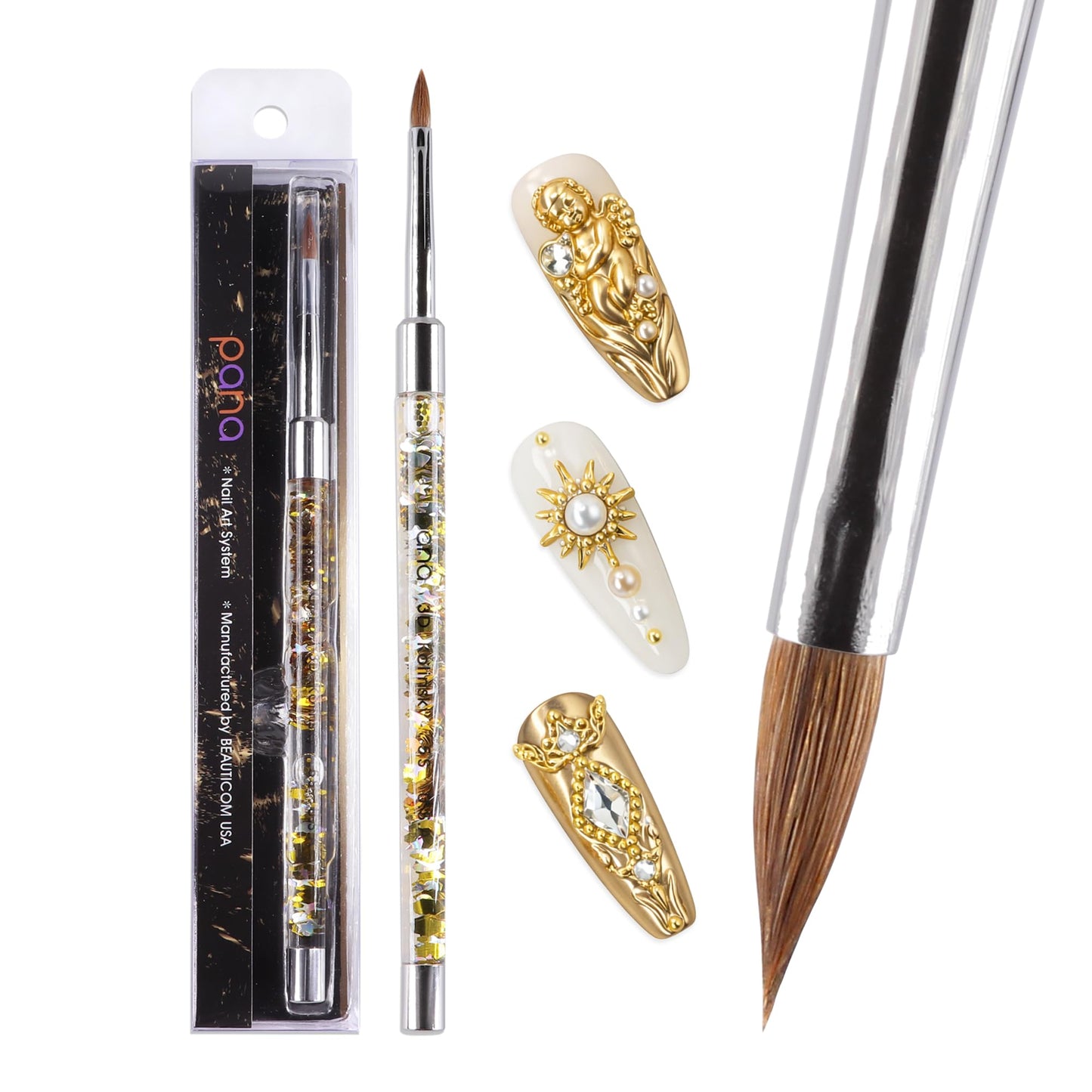 PANA Kolinsky 3D Acrylic Nail Brushes with Liquid Glitter Handle - For Professional Acrylic Powder Liquid Manicure Pedicure (Gold Color, Size #5) Beauty & Personal Care PANA