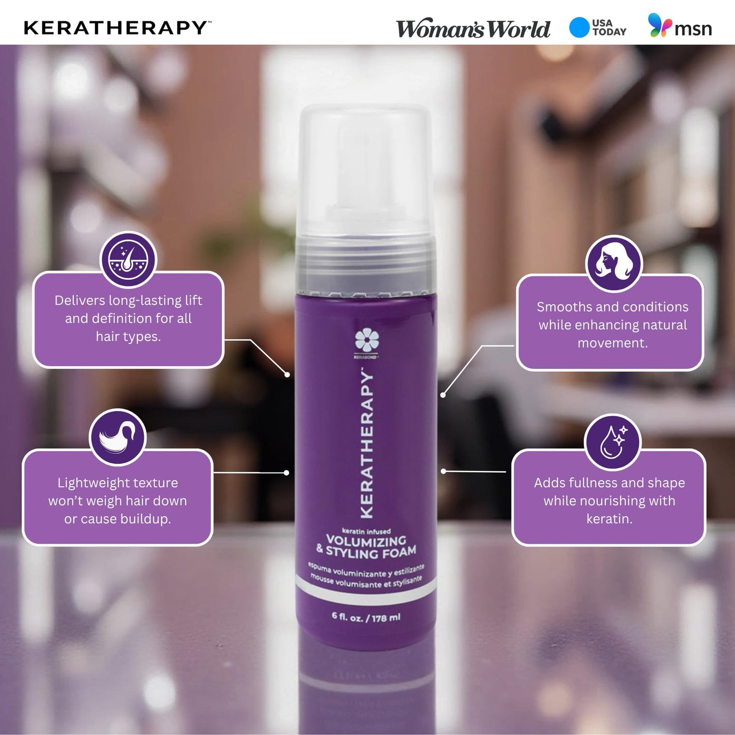 KERATHERAPY Keratin Infused Volumizing Nourishing Styling Foam, 6 fl. oz., 178 ml - Hair Styling Foam with Sunflower Oil, Linseed Oil, & Olive Fruit