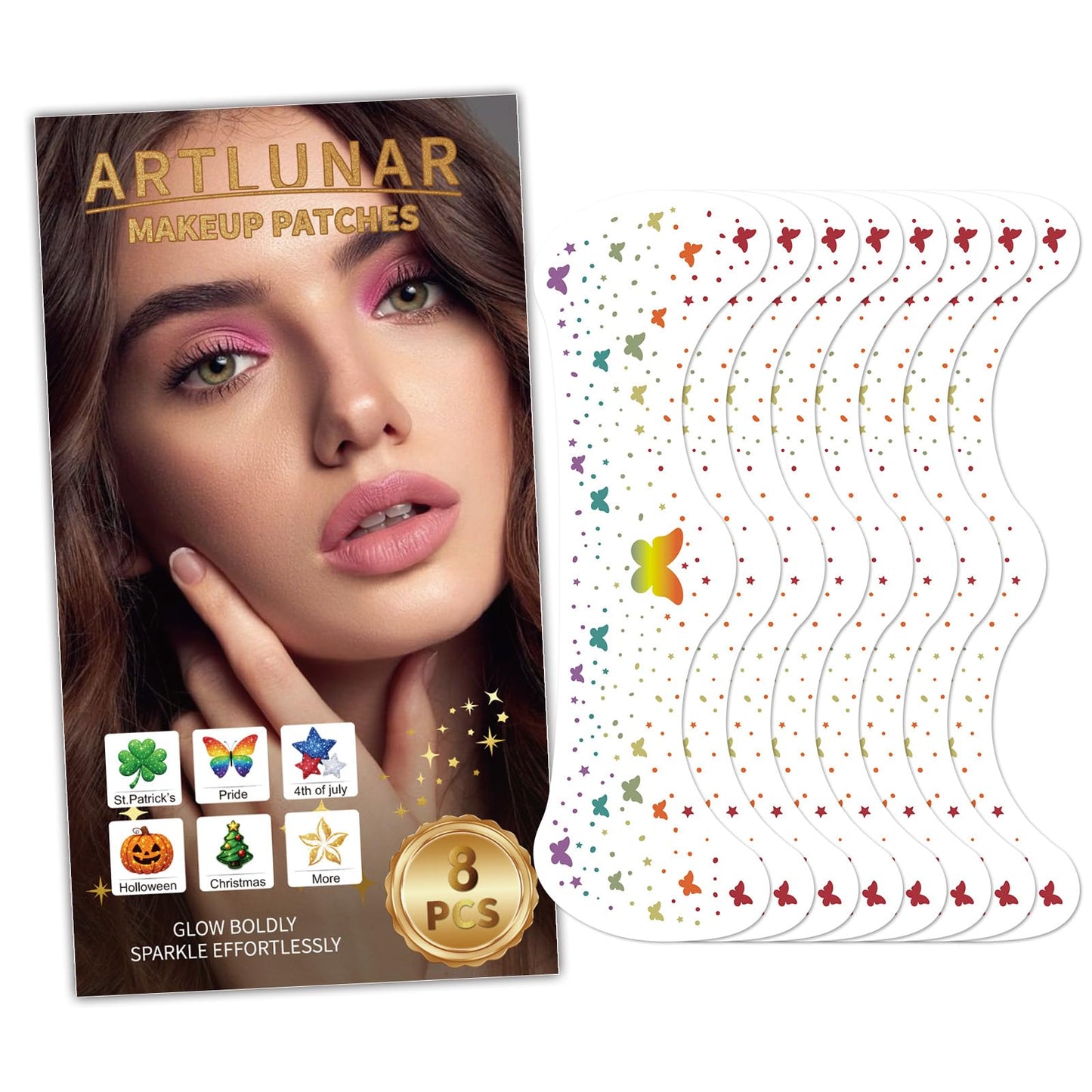 Artlunar 8Pcs LGBTQ Pride Face Freckles Tattoos, Rainbow Butterfly Temporary Tattoos with Silver Glitter Powder, Waterproof Face Sparkles for Pride
