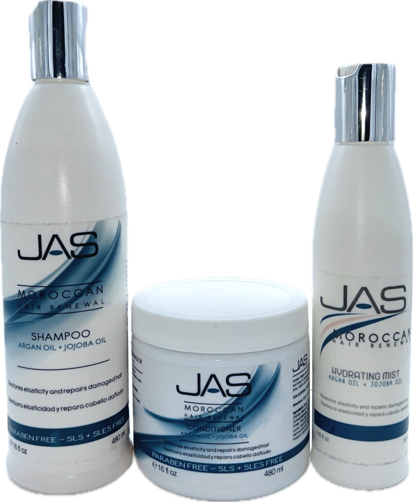 JAS Moroccan Hair Renewal Shampoo and Conditioner 16 Oz + Hydrating Mist 8 fl Oz "Free Lip Plumping Gloss 10 ml"