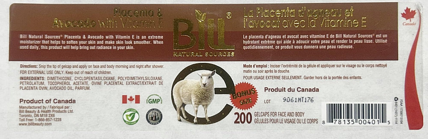 Lamb Placenta & Avocado with Vitamin E Facial Oil, 200 Gelcaps, Bill Natural Sources