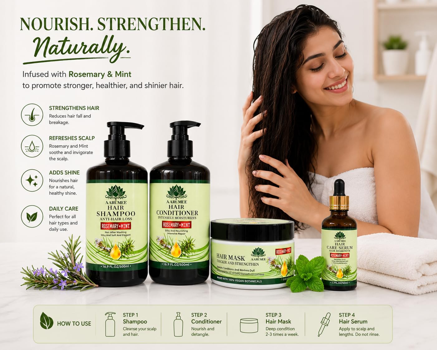 AARUMEE Rosemary & Mint Hair Care Set, Shampoo, Conditioner, Hair Mask & Serum, Anti-Hair Loss, Sulfate Free, Vegan