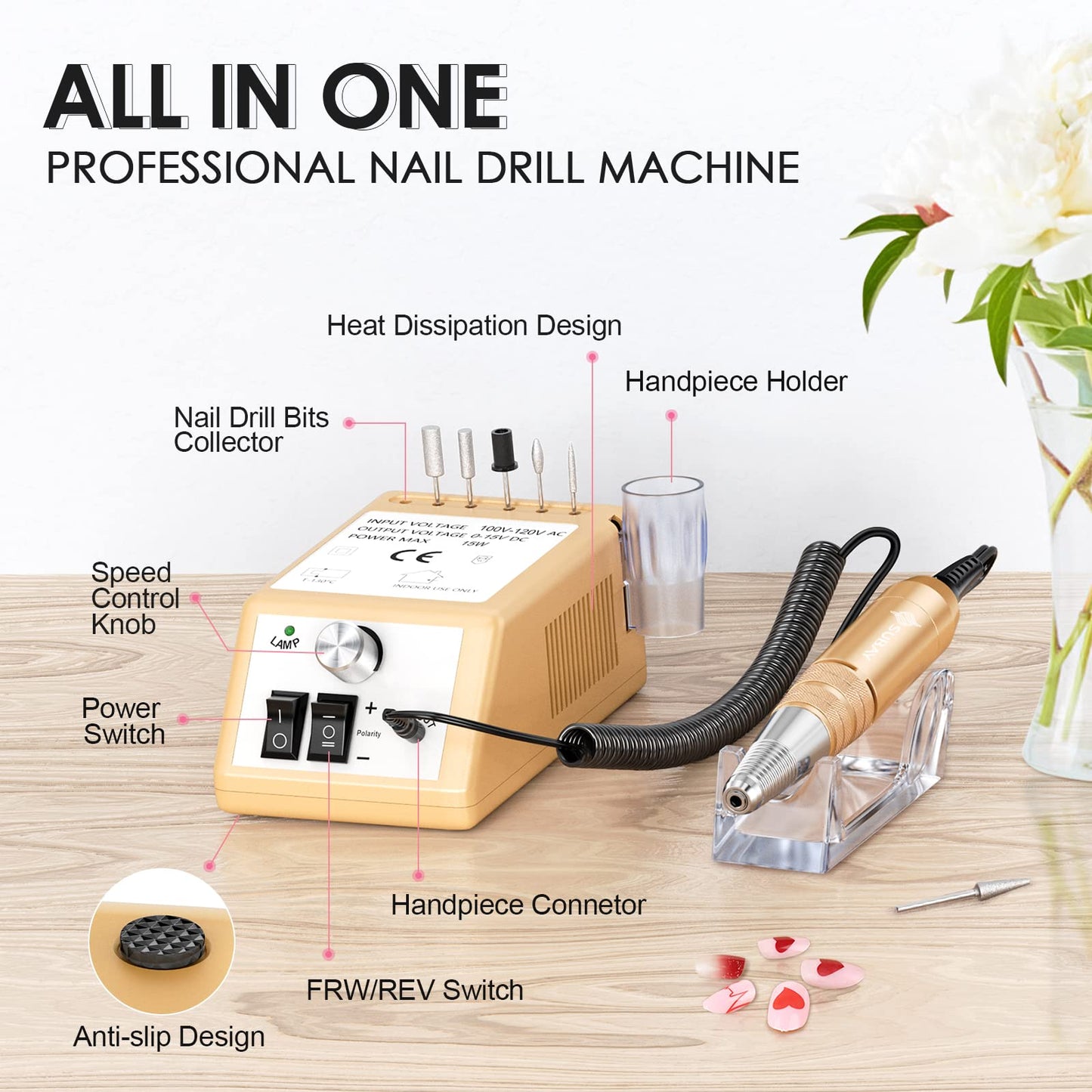 Subay Professional Electric Nail Drill 30,000RPM – Golden Efile Kit for Acrylic & Gel Nails, Manicure & Pedicure Polishing Tools