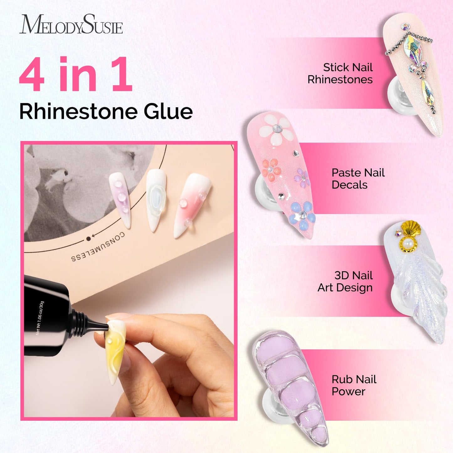 MelodySusie Rhinestone Glue Super Strong Gel Nail Glue for 3D Sculpting Nail Art Design Chrome Powder Decals Decor Need UV/LED Cured 30g Beauty and Personal Care MelodySusie