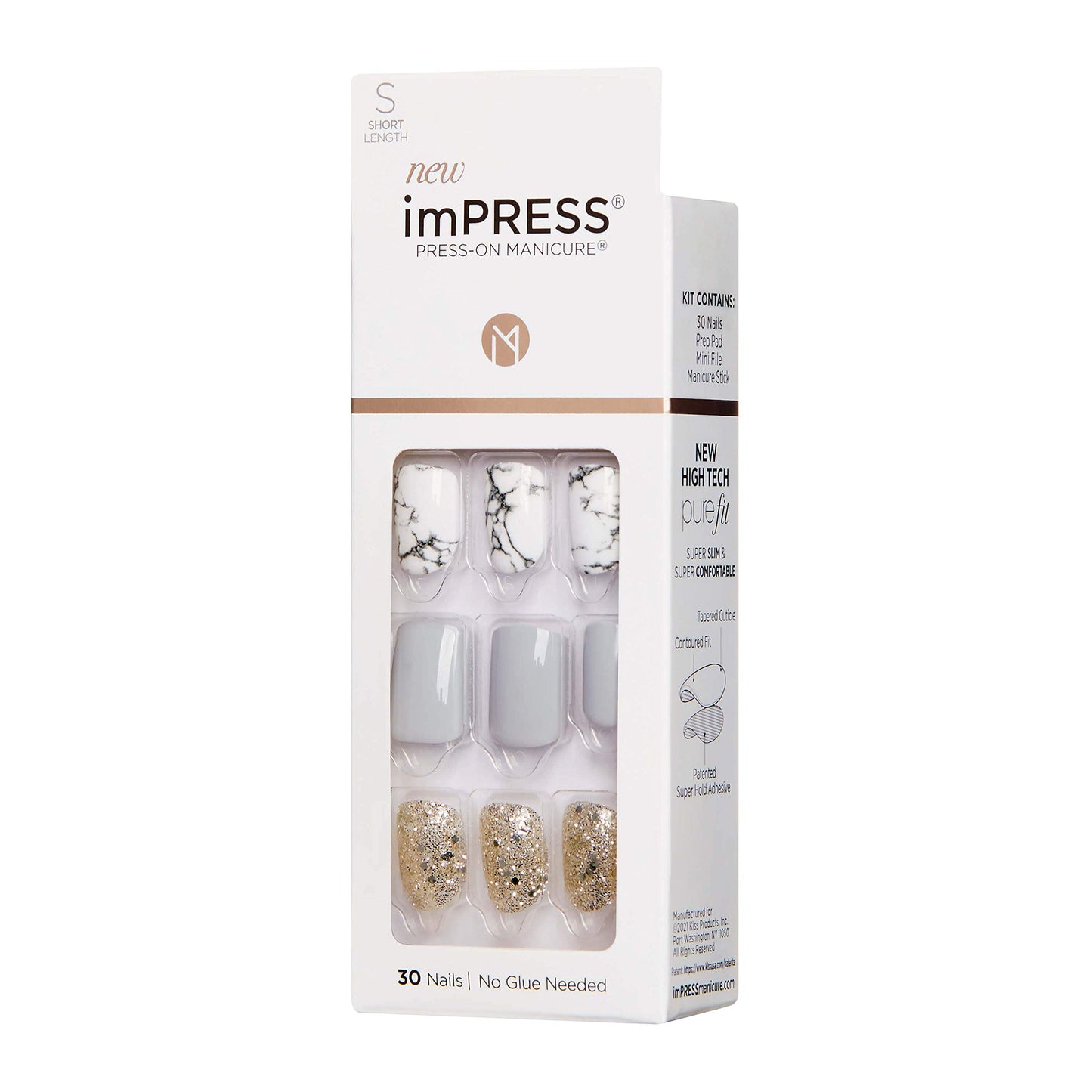 imPRESS Design, Press On Nails, Knock Out, Gray, Short, Size, Squoval, Shape, Includes 30 Nails, Prep Pad, Instructions Sheet, 1 Manicure Stick, 1
