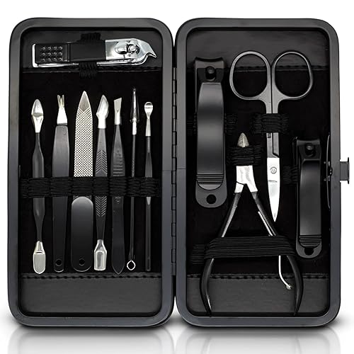 ASH ISLAND Nail Clippers Set - Black Stainless 12 in 1 For Men And Women Manicure Pedicure Travel Kit Luxury Nail File Sharp Nail Scissors Fingernails