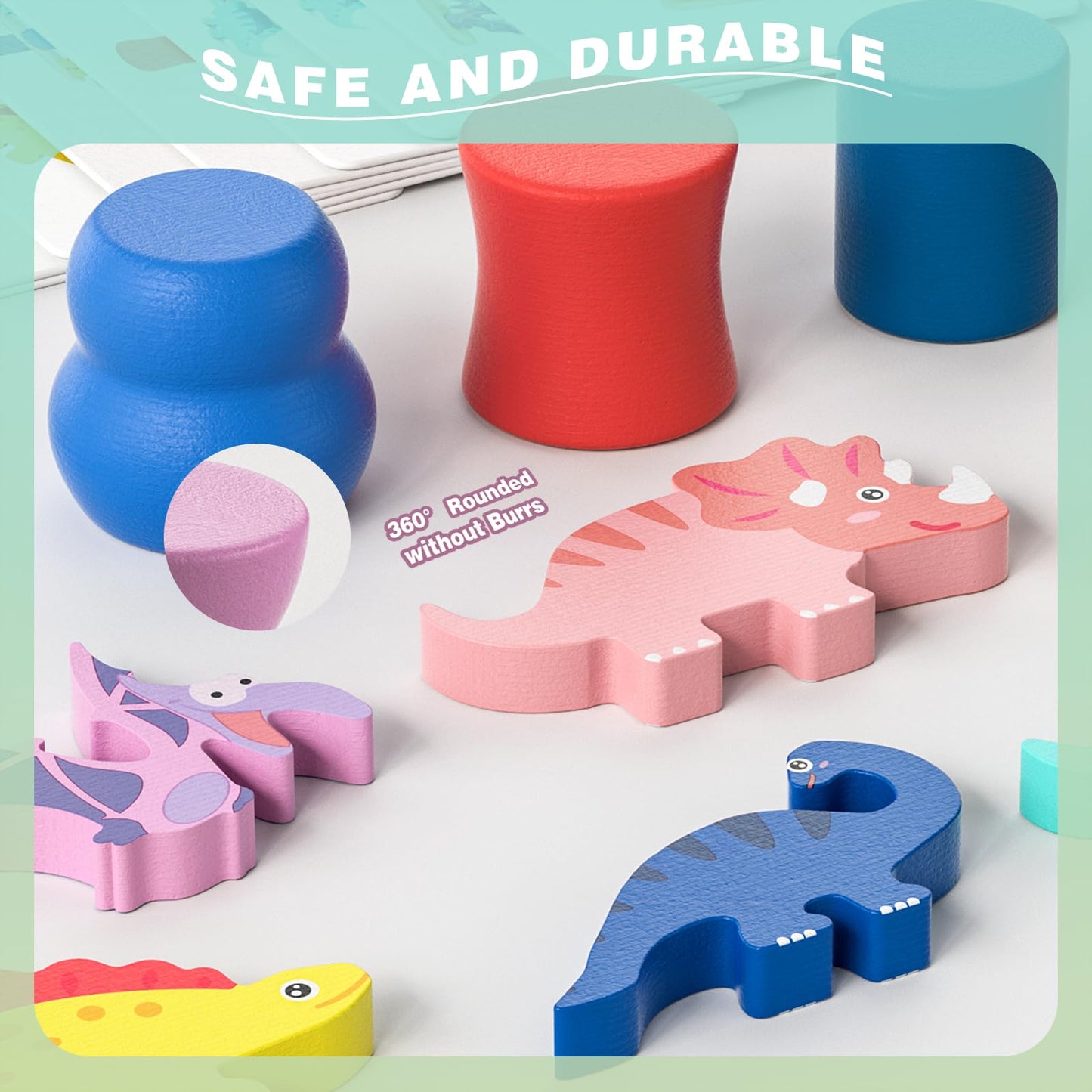 Montessori Wooden Dinosaur Toys – Sorting, Stacking & Balance Blocks for Toddlers Ages 1-4, Preschool Educational Birthday Gift