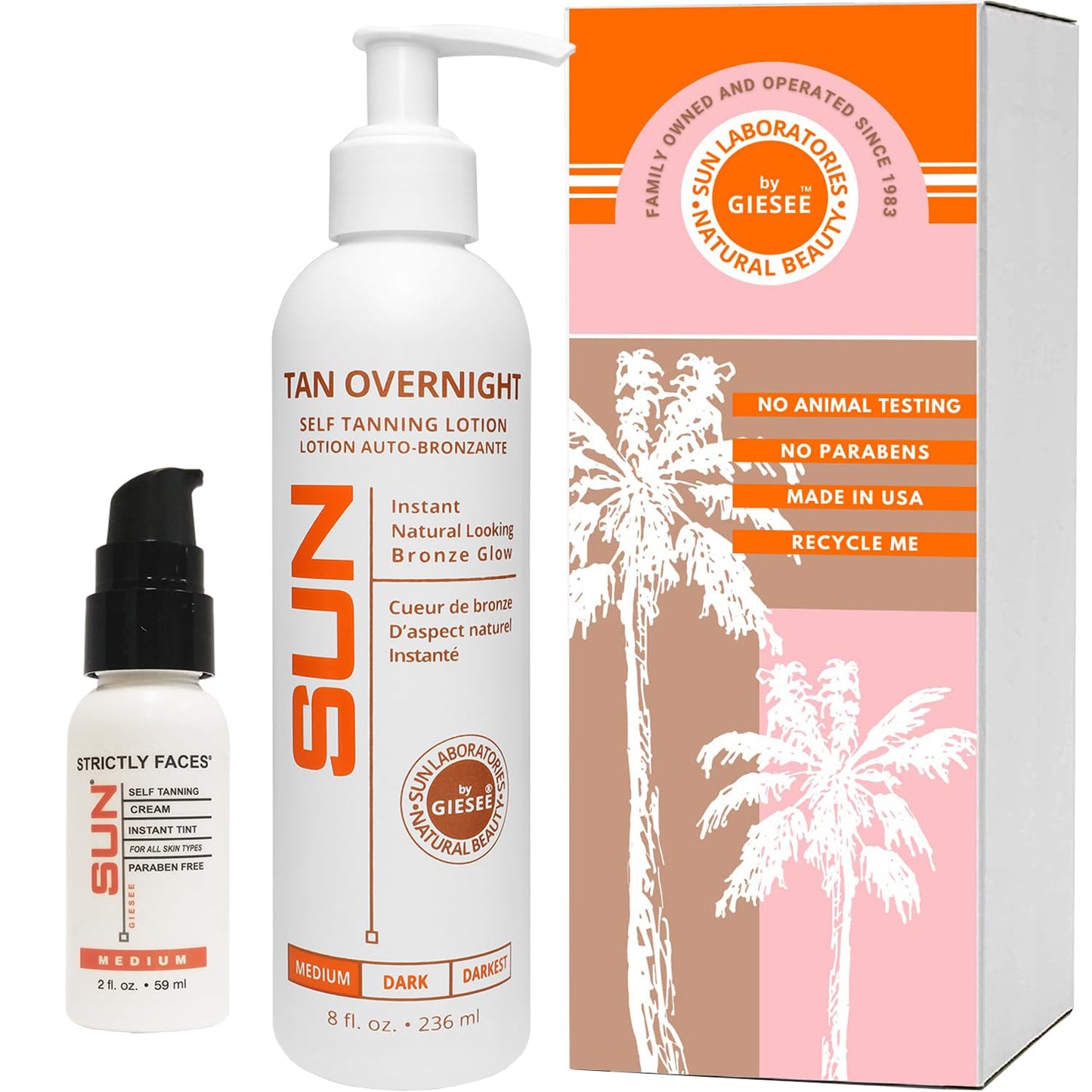 Sun Laboratories By Giesee Self Tanning Kit with 8 oz Tan Overnight Self Tanning Lotion and 2 oz Sunless Tanning Face Cream - Odorless, Non-Toxic Self
