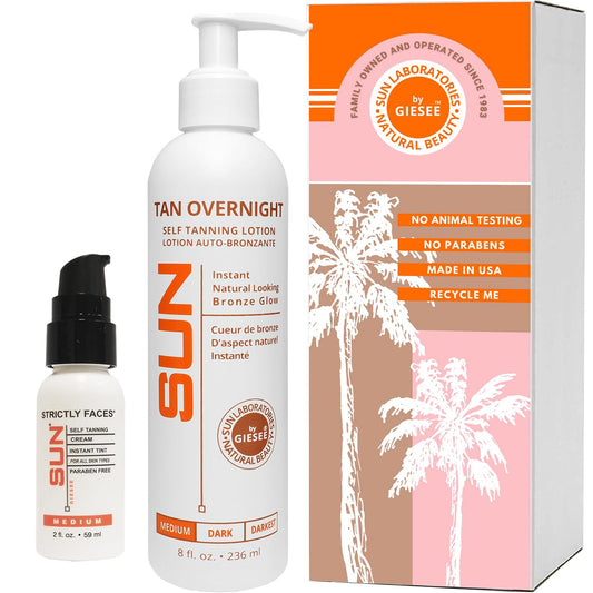 Sun Laboratories By Giesee Self Tanning Kit with 8 oz Tan Overnight Self Tanning Lotion and 2 oz Sunless Tanning Face Cream - Odorless, Non-Toxic Self
