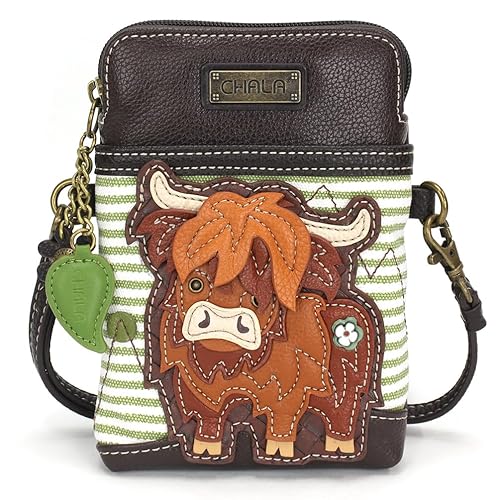 CHALA Farm Animal Collection Cell Phone Crossbody Purse-Women PU Leather/Canvas Multicolor Handbag with Adjustable Strap - Highland Cow - green stripe