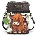 CHALA Farm Animal Collection Cell Phone Crossbody Purse-Women PU Leather/Canvas Multicolor Handbag with Adjustable Strap - Highland Cow - green stripe