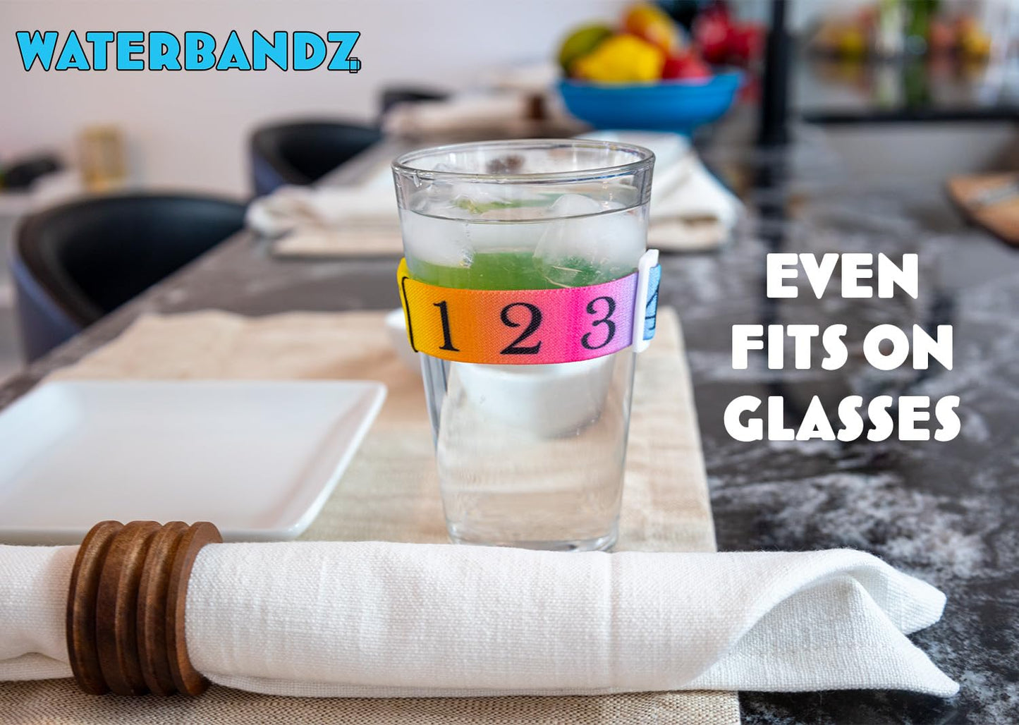 WaterBandz - Stay Hydrated: Elastic Fabric Bands Make your Daily Water Intake Simple and Fun! Universal size for Water Bottles, Cups, and Glasses