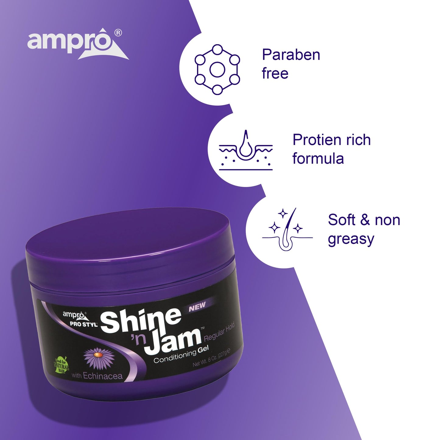 Ampro Shine-n-Jam Regular - Infused with Echinacea to Encourage Hair Growth - Great for Taming Fringe, Ponytails, Soft Weaves, and Braids - Keeps