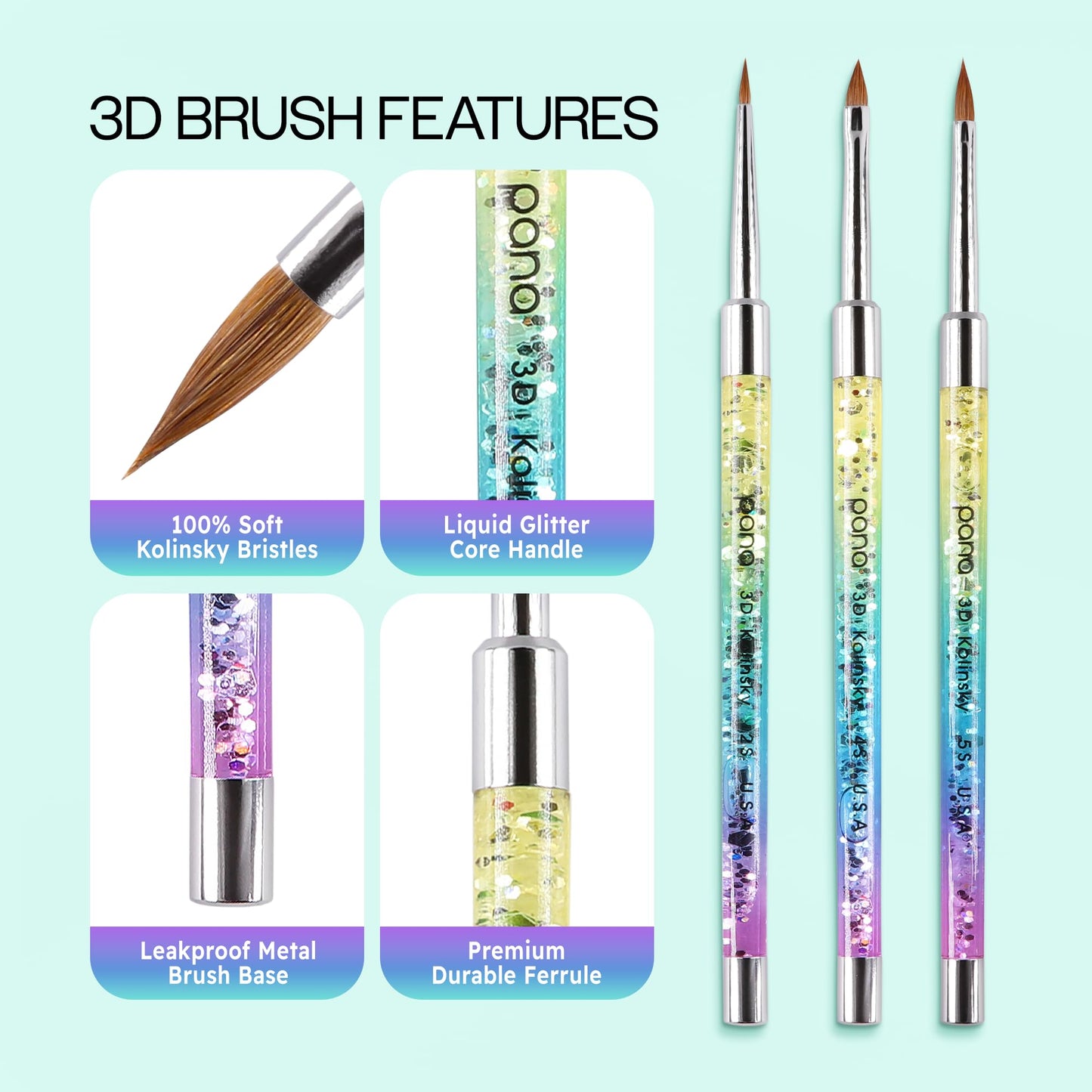 PANA Kolinsky 3D Acrylic Nail Brushes with Liquid Glitter Handle - For Professional Acrylic Powder Liquid Manicure Pedicure (Rainbow Color, Size #5)