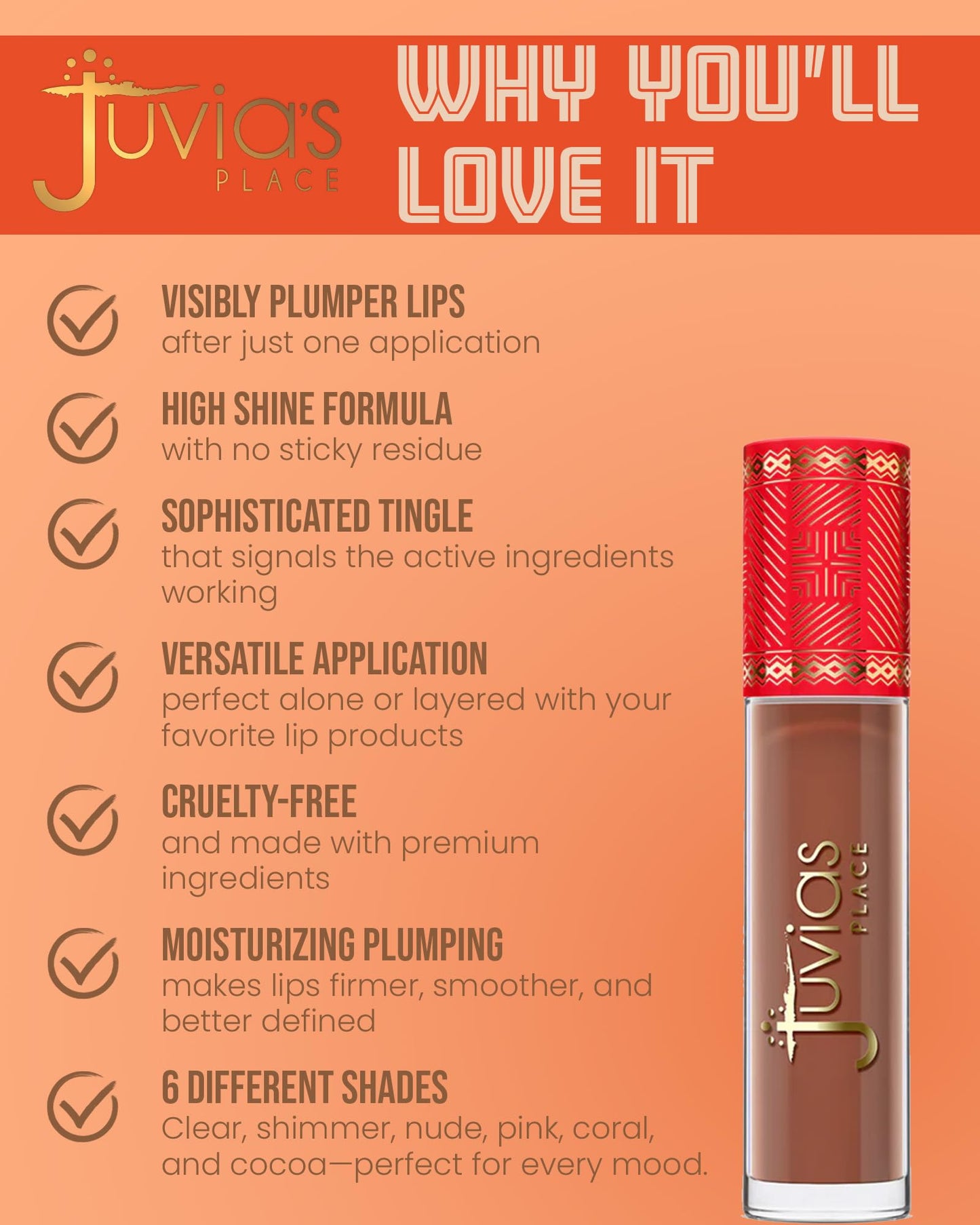 Juvia's Place Beautiful Big Lip Plumper - Cocoa Spice | Rich Brown Gloss With Subtle Warmth for Full, Defined Lips | Plumping, Hydrating & High-Shine