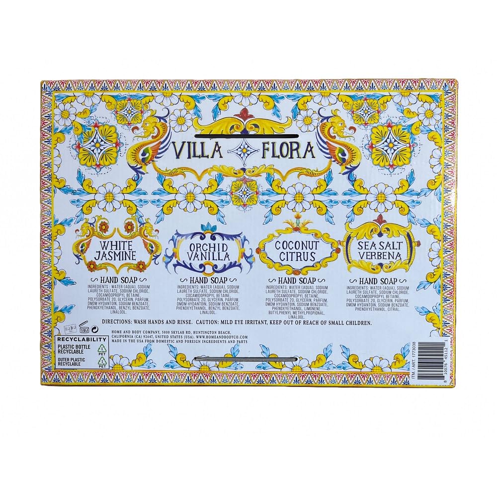 Home and Body Company Hand Soap Villa Flora Collection 16 FL/473ml Bottles infused with Essential Oils (SET OF 4) Sea Salt Verbena, Coconut Citrus