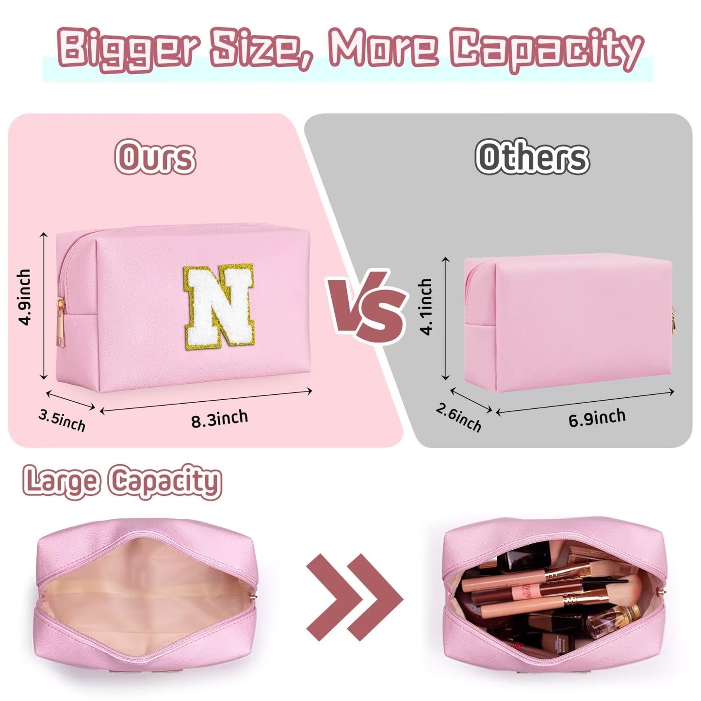 TOPEAST Initial Makeup Bag – Personalized Preppy Cosmetic Pouch, Leather Toiletry Bag, Birthday Gifts for 4–12 Year Old Girls (Pink A)
