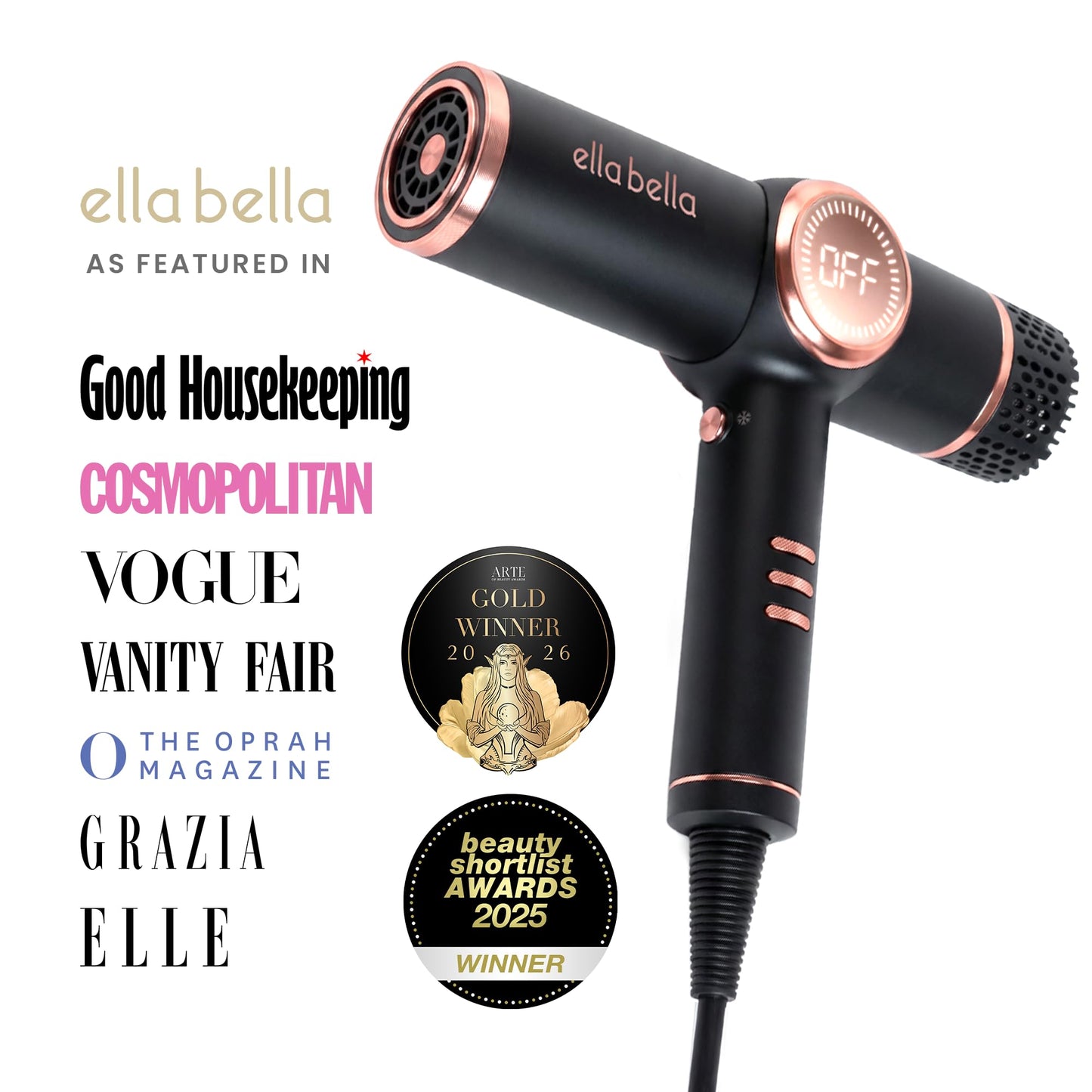 ELLA BELLA® Professional Ionic Hair Dryer with Diffuser • Negative Ion Blow Dryer • Suitable All Hair Types • Intelligent Heat Control & Rapid Drying Beauty and Personal Care ELLA BELLA