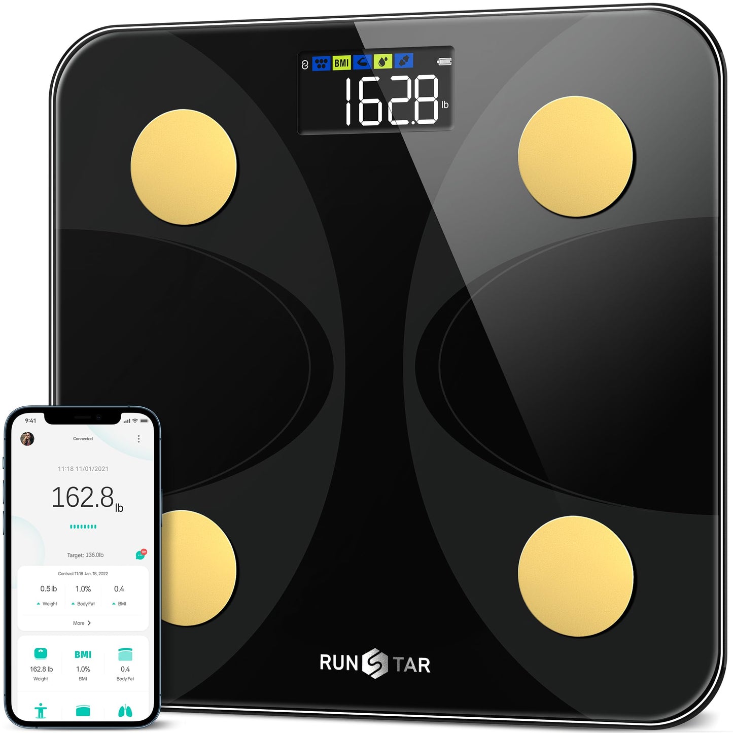 Scale for Body Weight and Fat Percentage, RunSTAR Digital Accurate Bathroom Smart Scale with Large Display, FSA&HSA Eligible 13 Body Composition…