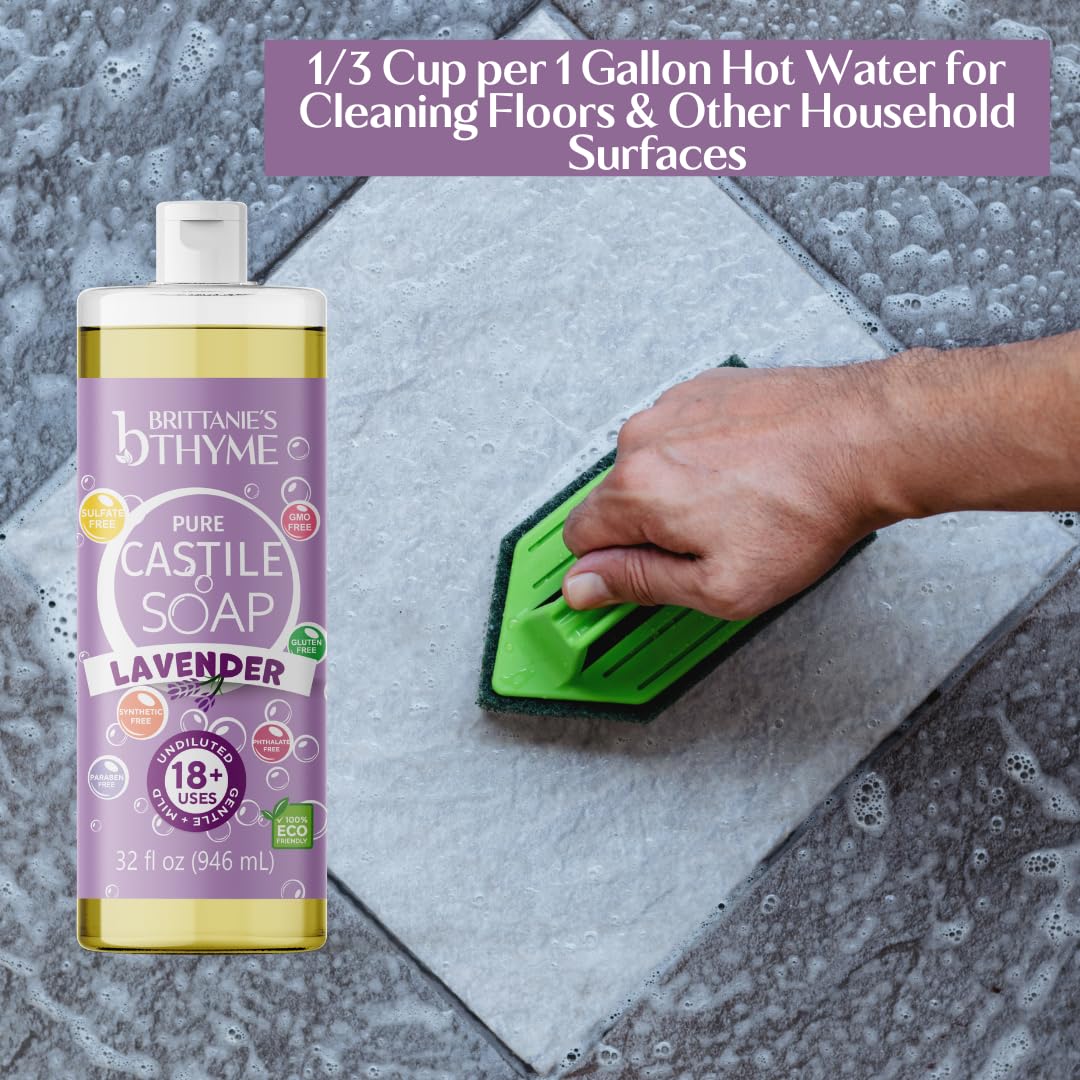 Brittanie’s Pure Castile Liquid Soap Refill, Lavender, 32 Ounce 2 Pack | Dish Soap, Hair & Body, Laundry, Home, Gentle and Pure, Made with Natural