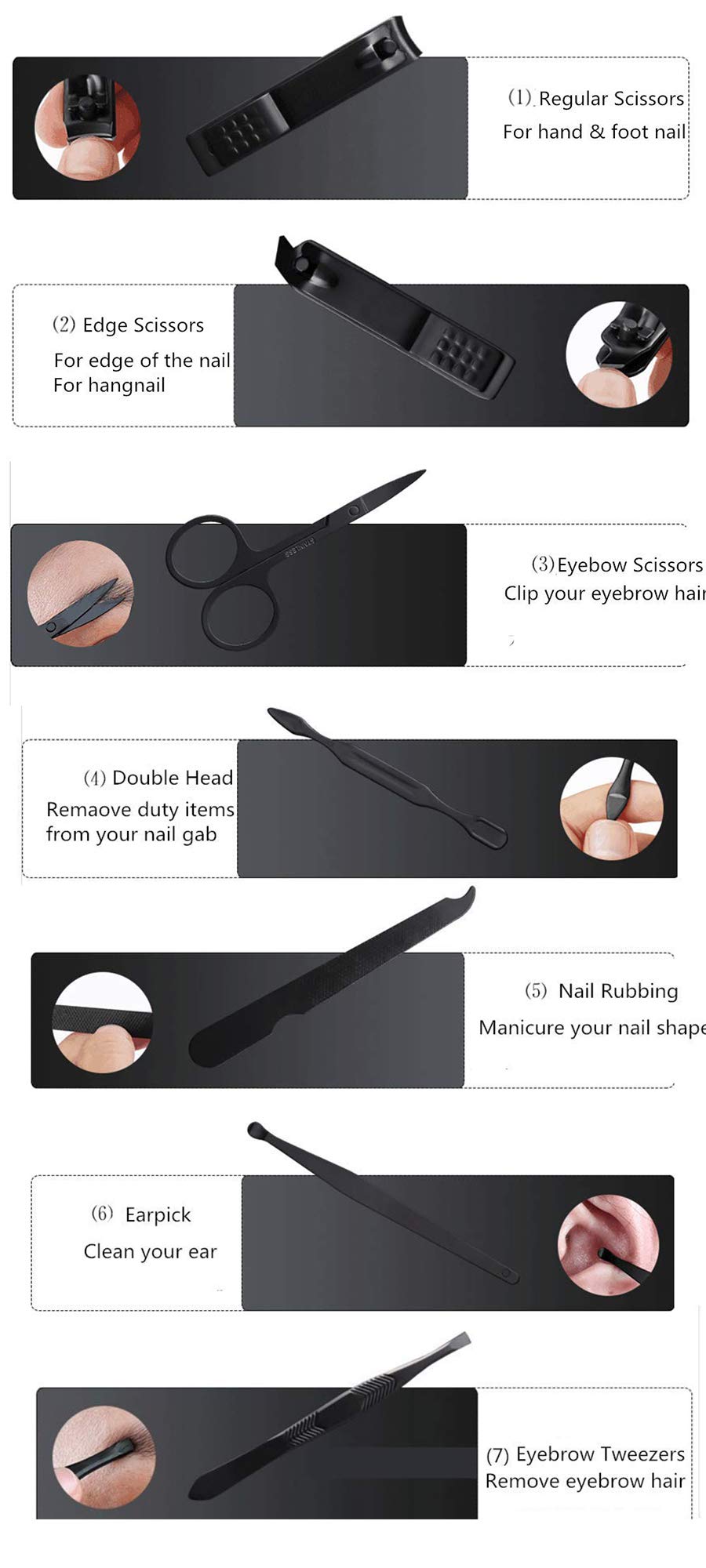 Aubcee Nail Clipper Set, Manicure, Pedicure Kit, 7 in 1 Black Stainless Steel Professional Grooming Kit with Black Leather Travel Case