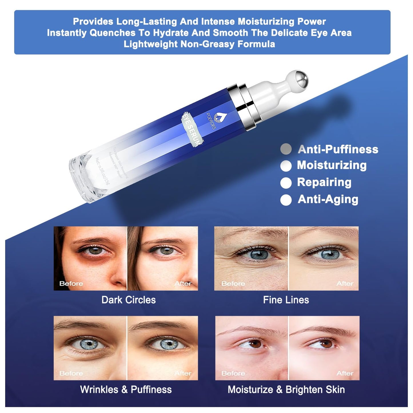 Eye Serum with 8% Caffeine 8% Retinol Hyaluronic Acid Niacinamide peptides for Puffy Bags Fine Lines Dark Circles Wrinkles, Under Eye Cream with 360°