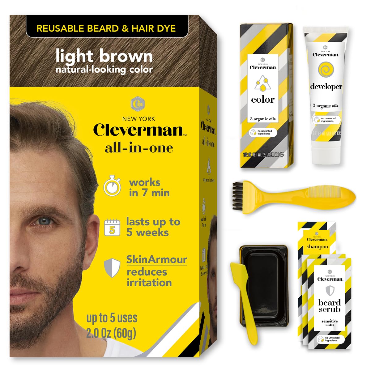 Reusable Hair & Beard Dye for Men - Light Brown 6.12 | Up to 5 Uses, 7 Minutes | Natural Gray Coverage, No-Drip Cream with SkinArmour® - Cleverman