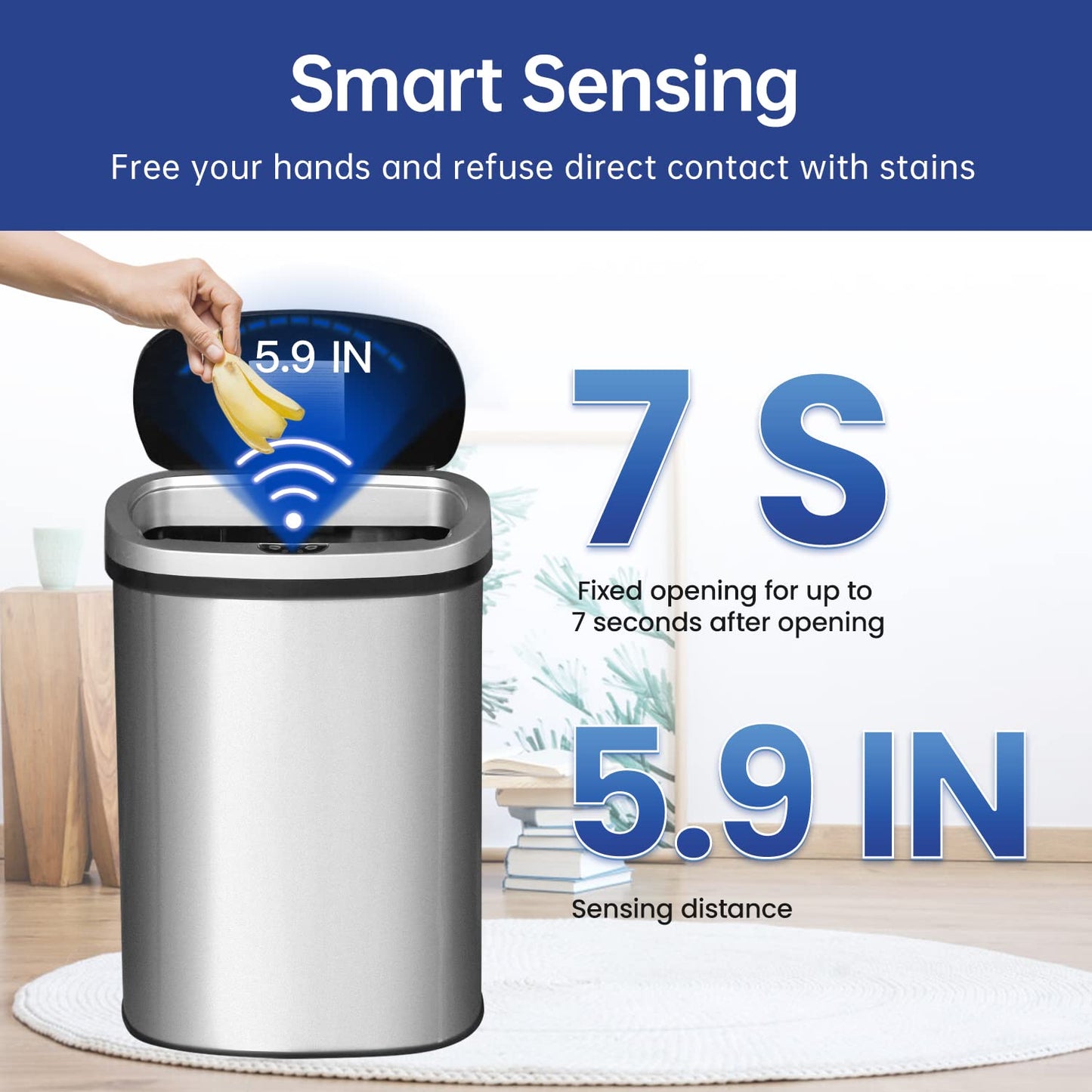 13-Gallon Touch-Free Kitchen Trash Can – Automatic High-Capacity Garbage Bin with Lid, Brushed Stainless Steel for Home & Office