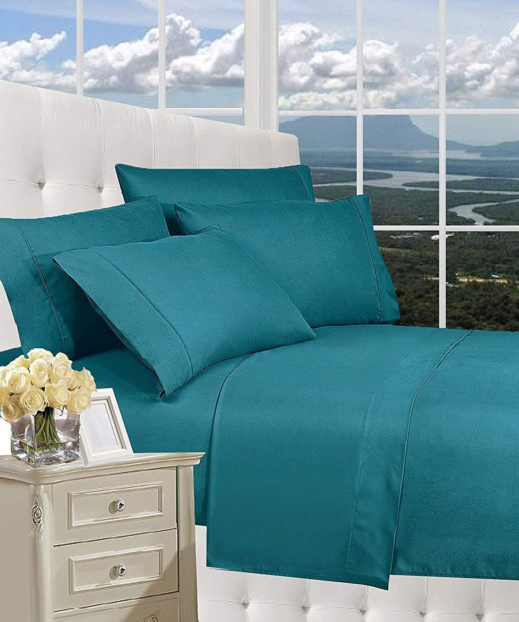 CELINE LINEN Luxury Silky-Soft 1500 Premier Softest Hotel Quality Wrinkle-Free 4-Piece Bed Sheet Set, Deep Pocket up to 16 inch, Queen Turquoise