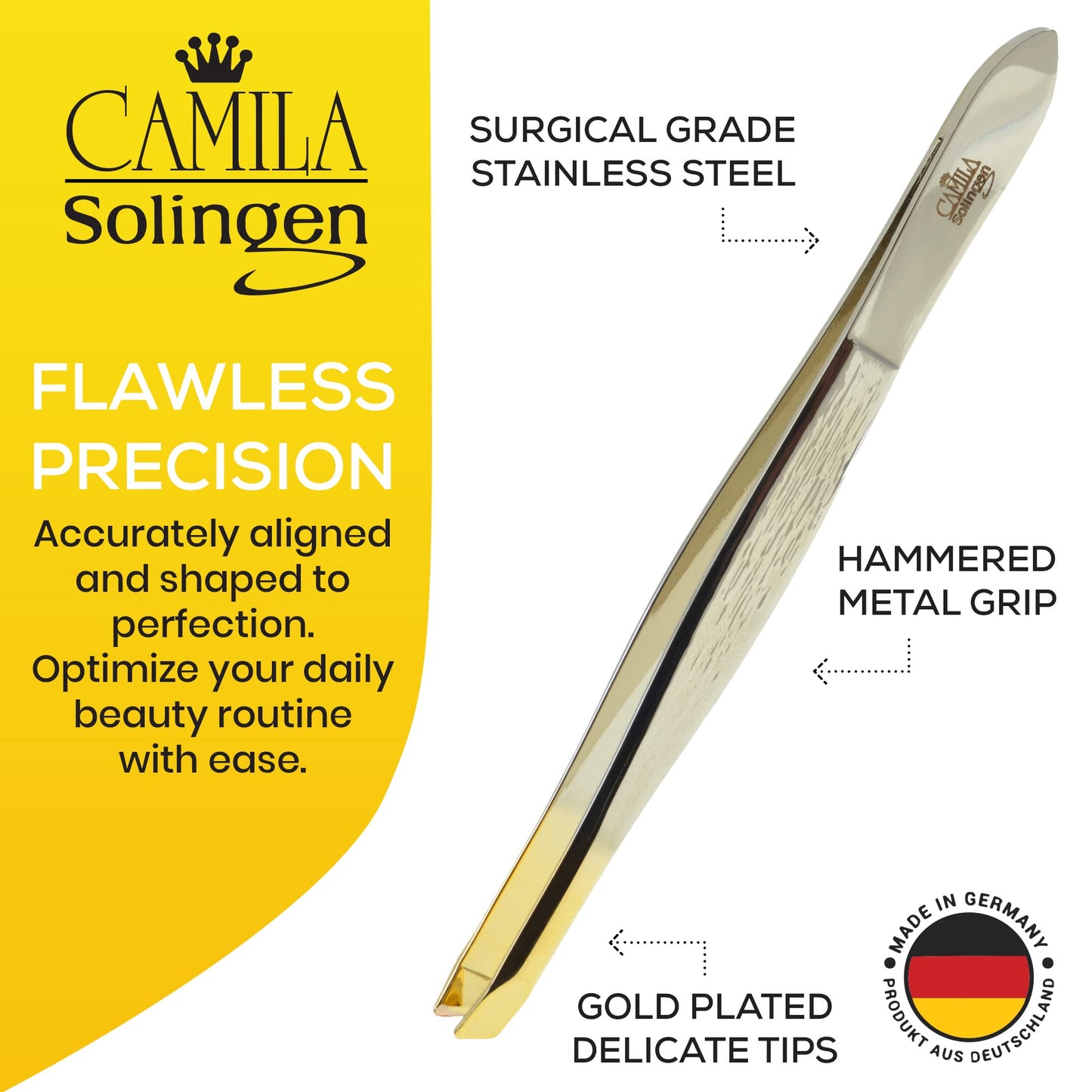 Camila Solingen CS29 3 1/2" Gold Tipped, Surgical Grade, German Stainless Steel Tweezers (Slanted) - Flawless Eyebrow and Facial Hair Shaping
