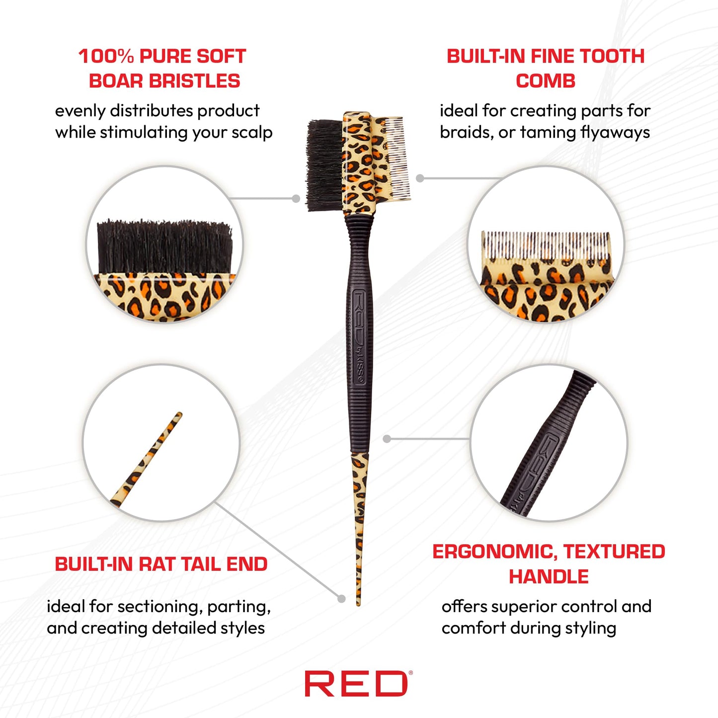 Red by Kiss Professional 3-in-1 Edge Brush with Case – Boar Bristles, Fine Tooth Comb & Rat Tail End for Edge Control & Precision Styling