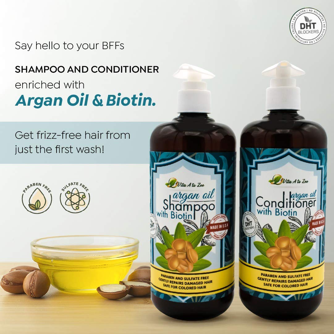 Vita A to Zee Moroccan Argan Oil Biotin Shampoo & Conditioner Set (2 x 16.9 Fl Oz) | Natural Hair Repair, Moisturization & Conditioning Treatment