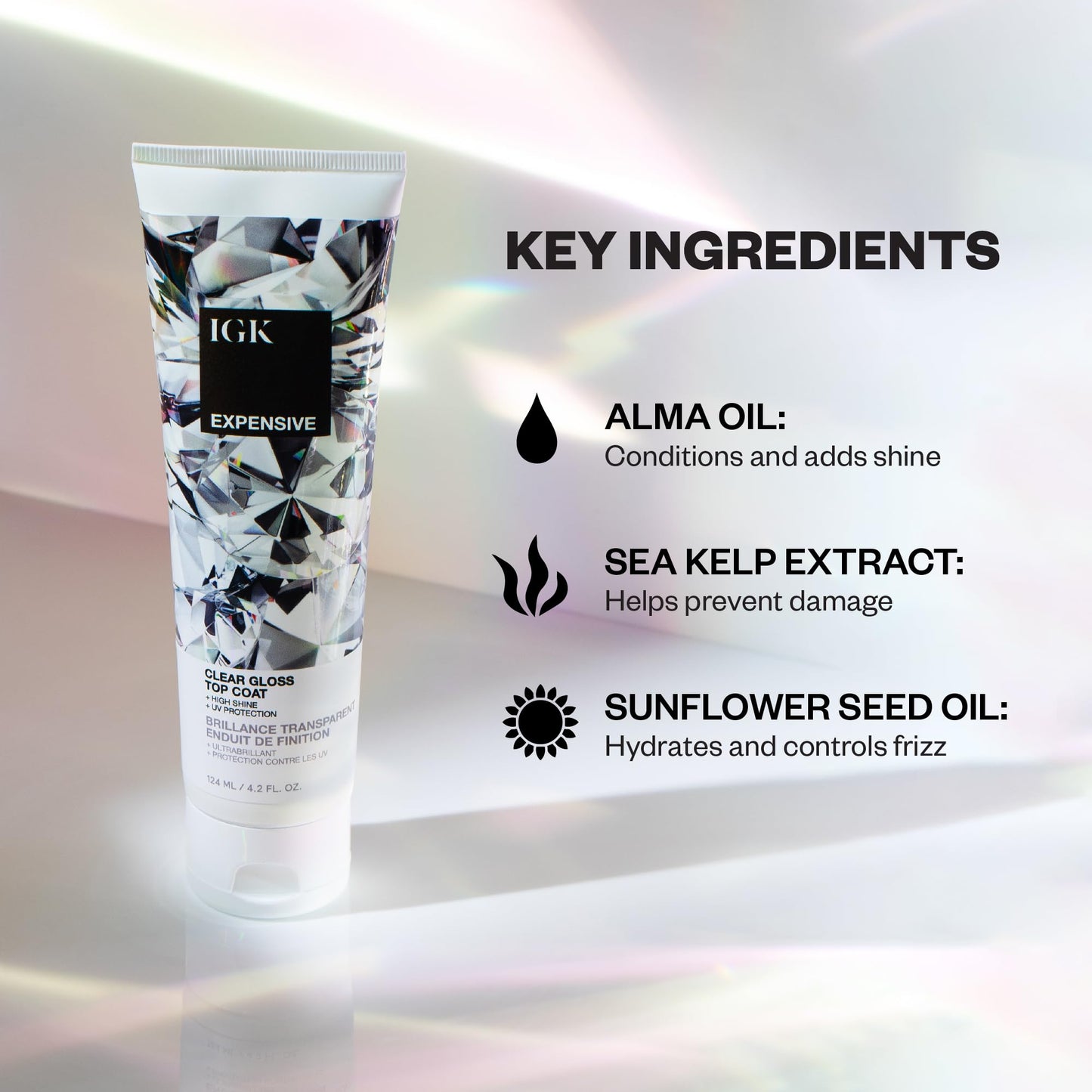 IGK EXPENSIVE Clear Gloss Top Coat | High Shine Gloss Treatment for Soft, Smooth Glass Hair | Revives Color-Treated Hair and Helps Control Frizz | 4.2