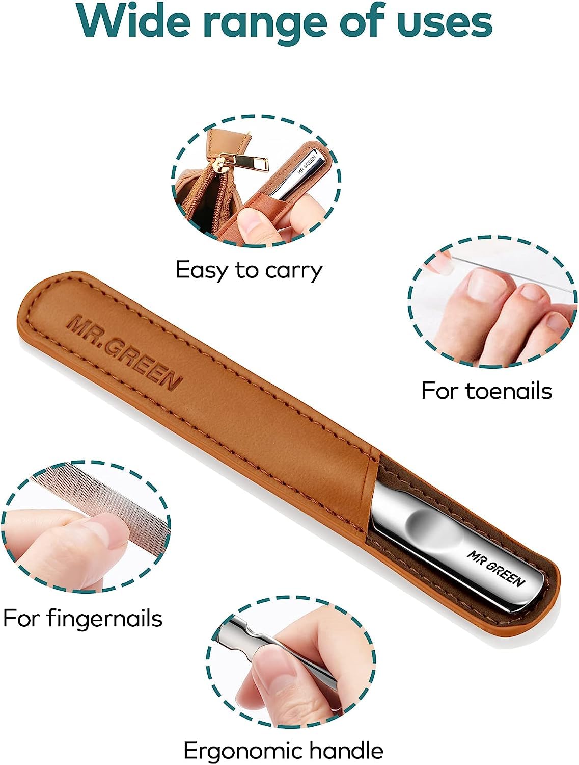 MR.GREEN Stainless Steel Nail File with Anti-Slip Handle and Leather Case, Double Sided and Files Nails Easily for Men and Woman Beauty and Personal Care MR.GREEN