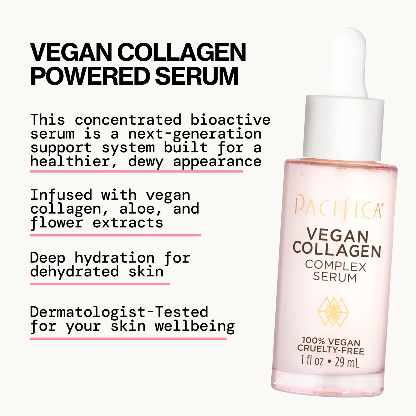 Pacifica Vegan Collagen Complex Face Serum Anti Aging Hydrating Serum w/Hyaluronic Acid for Plumping & Firming Collagen Boosting Facial Serum for Fine