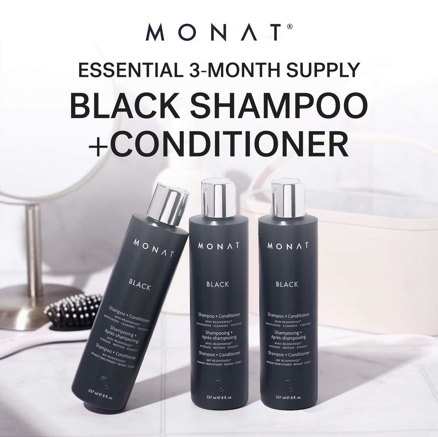 MONAT Black Shampoo + Conditioner - 3-Month Supply - A 2-in-1 Formula for Optimal Hair Care in One Step - Cleanses, Conditions, and Promotes Stronger