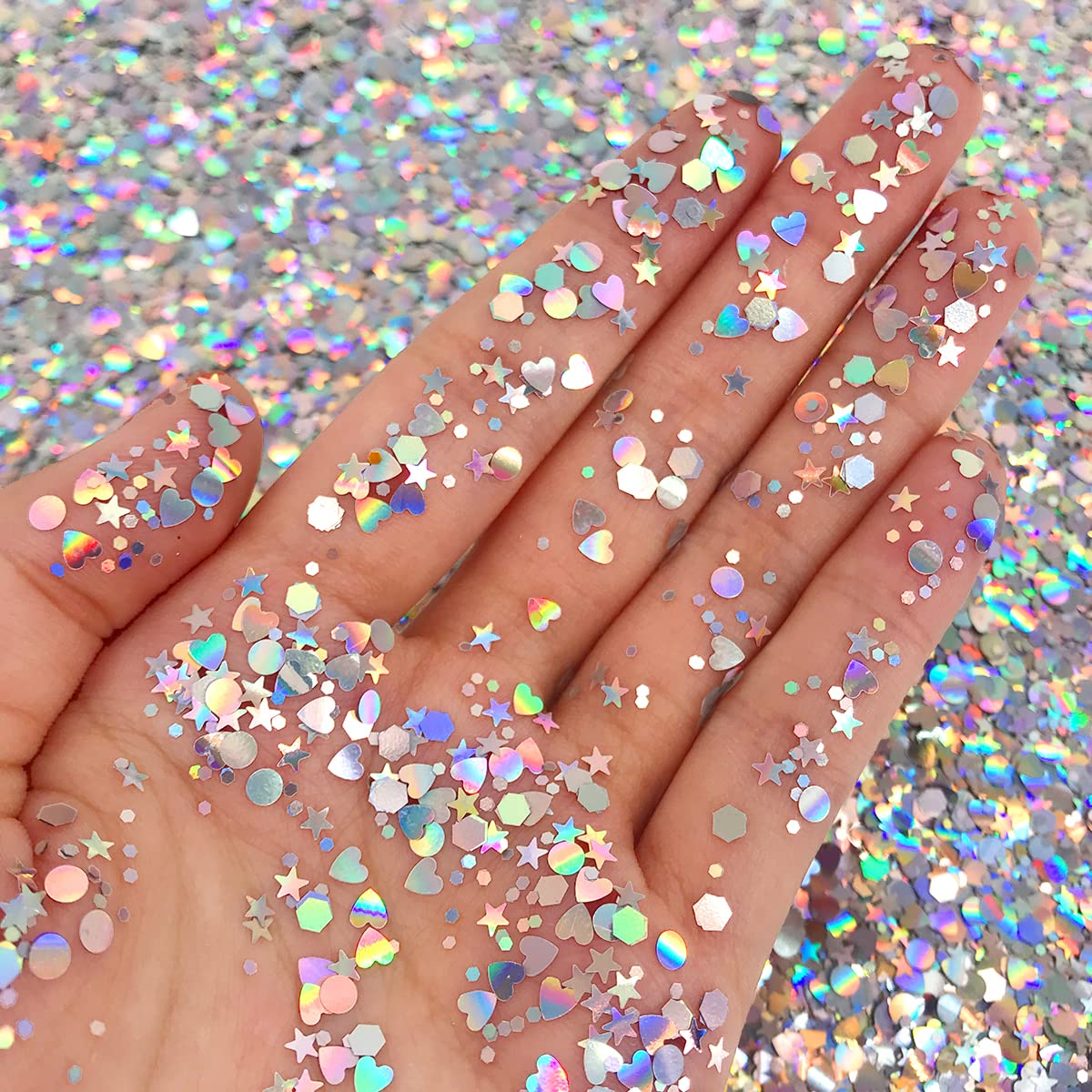 Holographic Silver - Face & Body Glitter - Chunky Glitter - Uses Include: Holidays, Cheerleading, Festival, Rave, Hair, Makeup, Face, Body, Nails