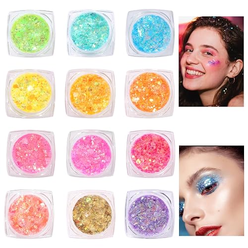 Glow in the Dark Face & Body Glitter Gel - 12 Colors Chunky Holographic Glitter for Hair, Body, Festival, Party, Rave Makeup, Washable Cosmetic