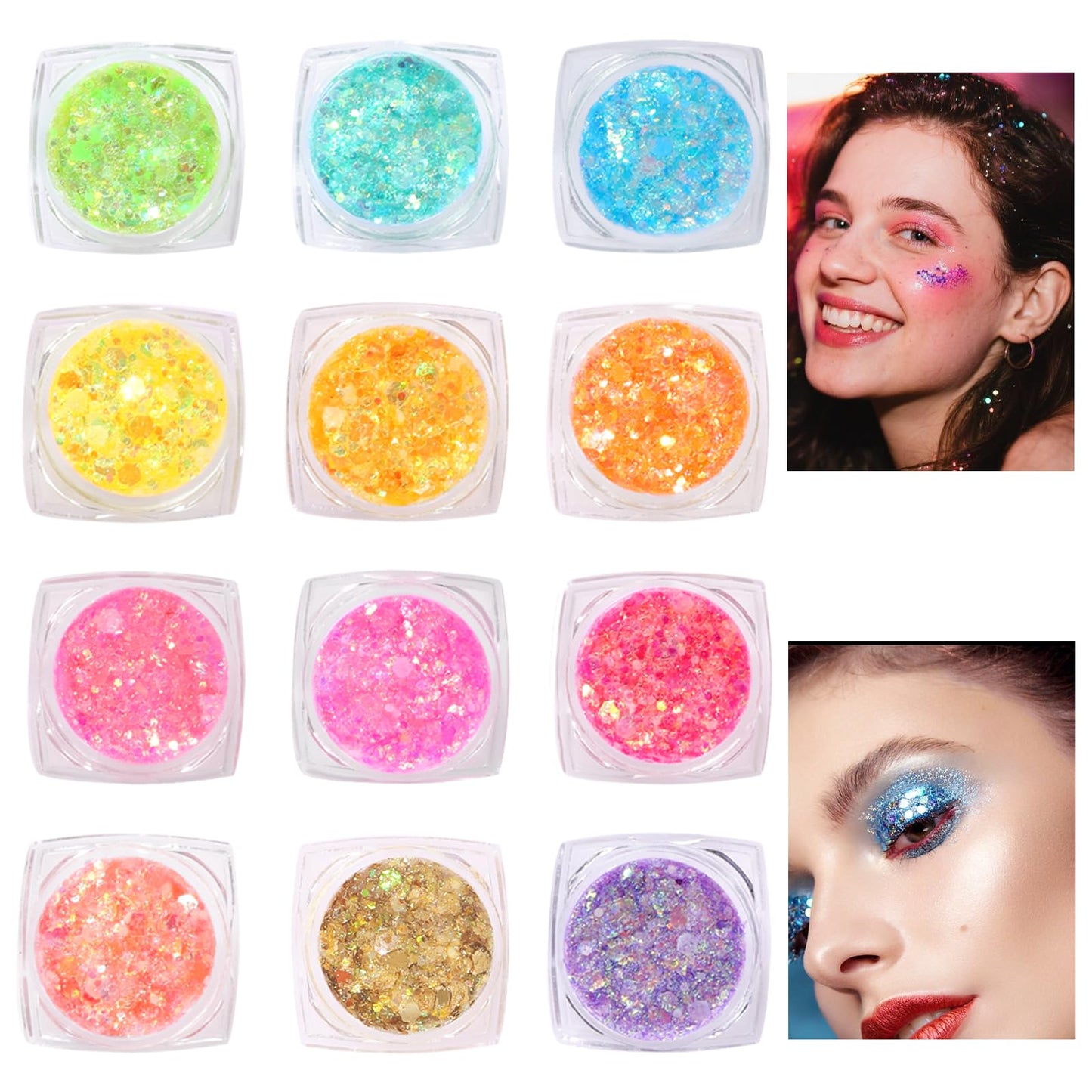 Glow in the Dark Face & Body Glitter Gel - 12 Colors Chunky Holographic Glitter for Hair, Body, Festival, Party, Rave Makeup, Washable Cosmetic